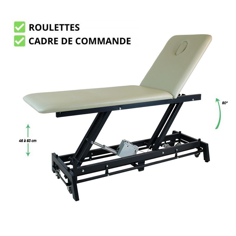 Table de massage DESIGN KINEXO GLÉNAN 2 plans châssis gris foncé ficelle roulettes et cadre de commande